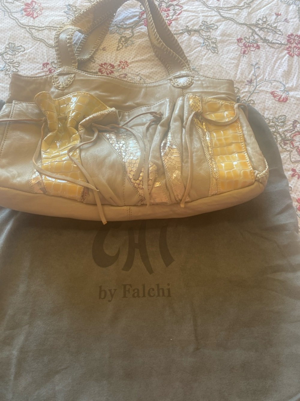 Falchi Beige and Yellow Shoulder Bag with Croc-Textured Accents